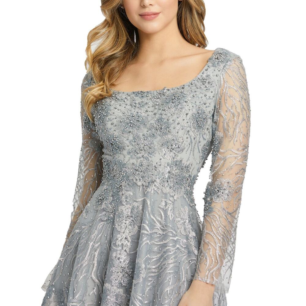 Mac Duggal Jewel Encrusted Long Sleeve Square Neck Gown Dove Grey Size 8 NWT - Picture 3 of 12